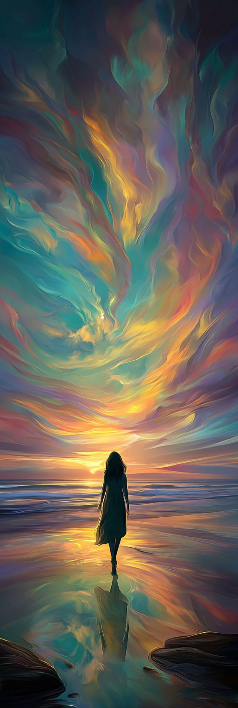 Resume plage nuages creativite reve onirique soiree fantaisie fille imagination inspiration ambiance reflexion coucher soleil eau Une femme marche seule sur une plage au coucher du soleil. Le ciel au-dessus est un mélange vibrant de couleurs, incluant des nuances de bleu, de violet, d'orange et de jaune, créant une atmosphère onirique et surréaliste. La silhouette de la femme se reflète sur le sable mouillé, et l'eau est calme, reflétant les couleurs du ciel. La scène est paisible et contemplative, la femme semble perdue dans ses pensées alors qu'elle marche vers l'horizon.