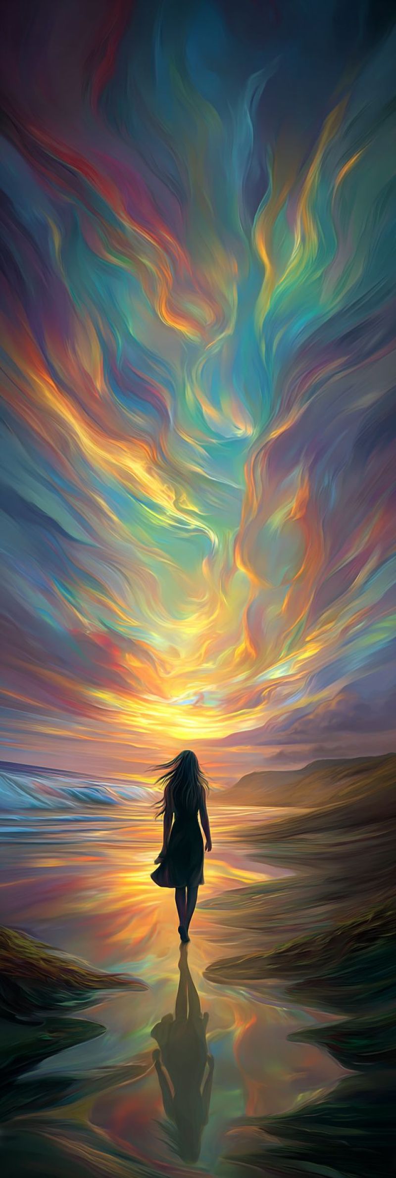 Coucher soleil plage eau reflet ciel nuages vagues horizon nature humeur emotion Une femme se tient sur une plage au coucher du soleil. Le ciel au-dessus est un mélange vibrant de couleurs, incluant des bleus profonds, des violets, des jaunes et des oranges, créant un motif tourbillonnant et abstrait. La silhouette de la femme se reflète dans l'eau, qui est calme et reflète les couleurs du ciel. Elle porte une longue robe qui flotte derrière elle, et ses cheveux sont doucement soulevés par la brise. La plage est large, avec des vagues douces léchant le rivage, et la ligne d'horizon est visible, montrant la transition entre le ciel coloré et les tons plus sombres de l'océan.