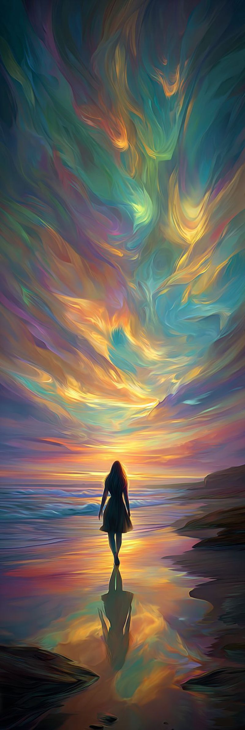Resume plage nuages onirique soiree fantaisie fille ocean reflet coucher soleil surrealiste eau Une femme marche seule sur une plage au coucher du soleil. Le ciel au-dessus est un mélange vibrant de couleurs, incluant des nuances de bleu, violet, rose et orange. Les vagues viennent doucement lécher ses pieds, et son reflet est visible dans l'eau. La scène est sereine et remplie d'un sentiment de calme et d'introspection.