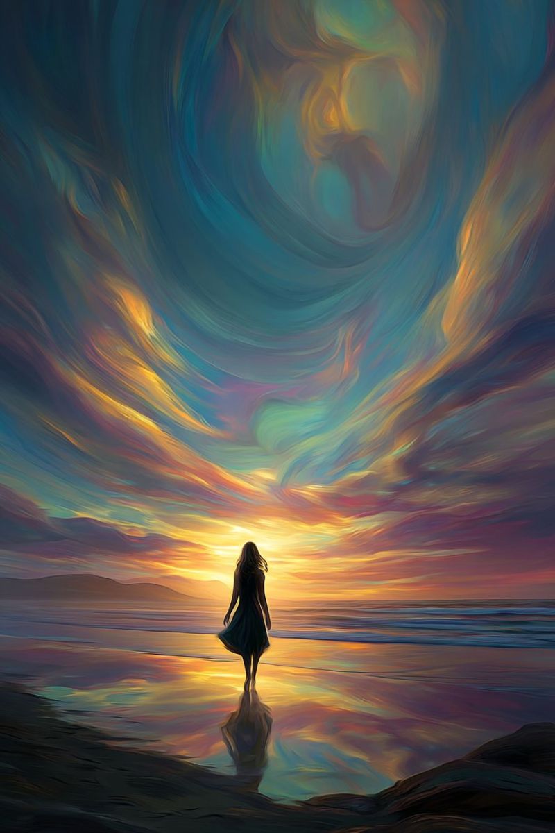 Coucher soleil plage femme reflet eau ciel nuages horizon soiree vagues mer nature ambiance Une femme se tient seule sur une plage au coucher du soleil, sa silhouette se détache contre le ciel vibrant. Le ciel est un mélange de bleus profonds, de violets et de jaunes chauds, tourbillonnant dans un motif fascinant. Le soleil se couche à l'horizon, projetant une lueur dorée qui se reflète sur l'eau et le sable. Les vagues viennent doucement lécher ses pieds, et son ombre s'étend sur le sable humide. La scène est paisible et contemplative, avec un sentiment de solitude et de beauté.