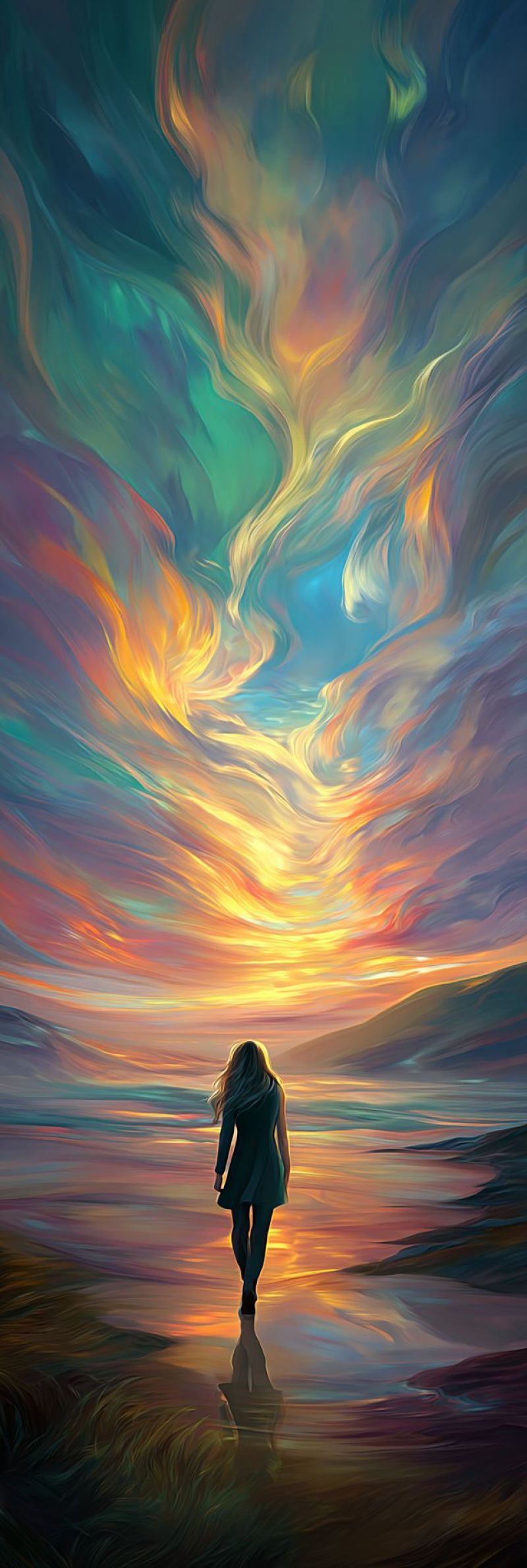 Coucher soleil plage eau ciel nuages reflet vagues horizon nature maussade Une femme aux cheveux longs marche seule sur une plage au coucher du soleil. Le ciel au-dessus est un mélange vibrant de couleurs, incluant des bleus, des violets, des jaunes et des oranges, créant une atmosphère onirique et surréaliste. L'eau est calme, reflétant les couleurs du ciel. La silhouette de la femme est légèrement floue, ajoutant à la qualité éthérée de la scène. La plage est large, avec un peu d'herbe visible sur les bords.