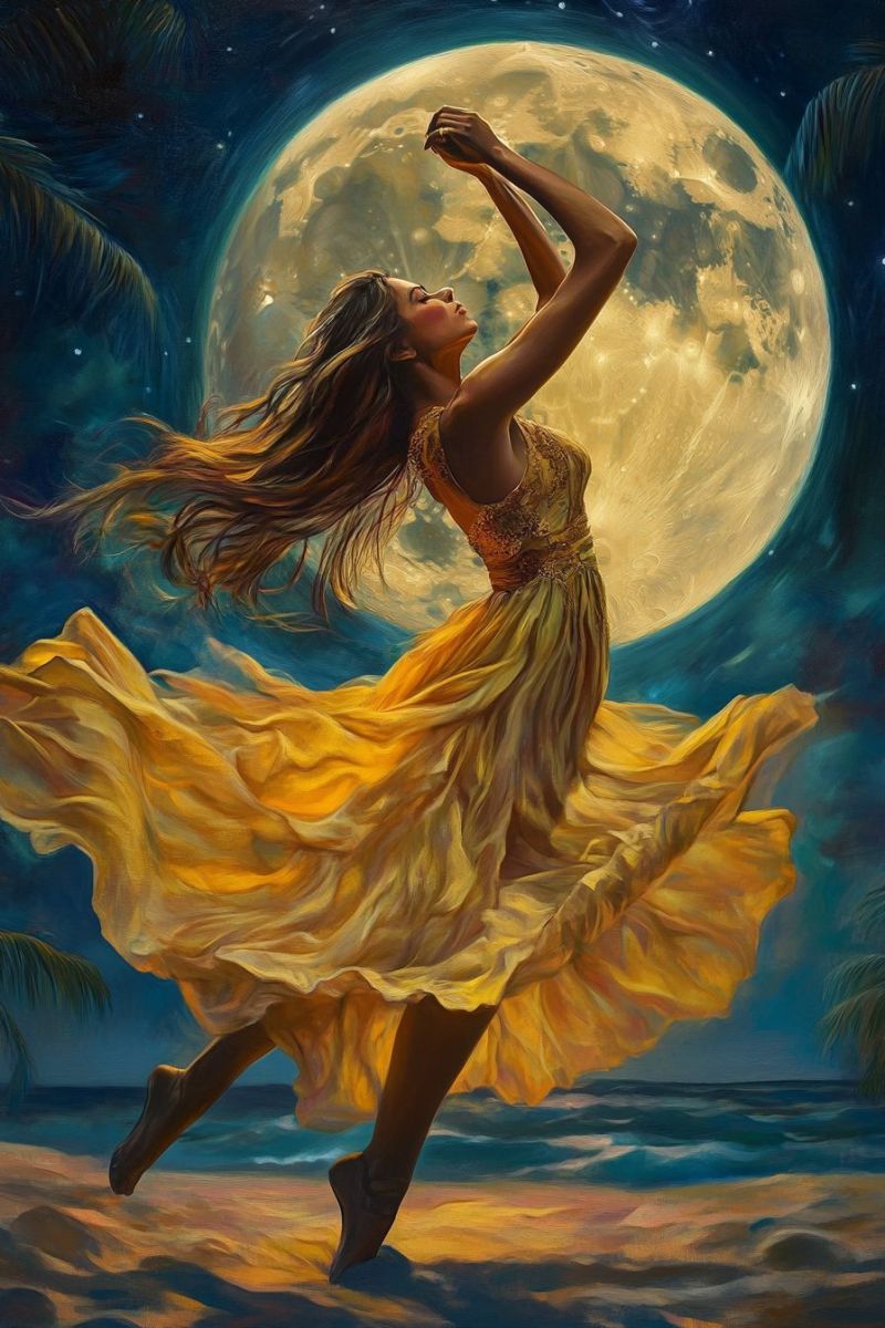 Painting woman dress moon night beach sea sky stars fantasy shadow movement emotion beauty freedom inspiration palm tree A woman is dancing on a beach under a full moon. She is barefoot, wearing a flowing yellow dress that billows around her as she moves. Her hair is long and dark, flowing freely in the breeze. She looks up at the moon, her arms raised gracefully above her head. The moon is large and bright, casting a soft glow over the scene. The beach is sandy, with gentle waves lapping at the shore. In the background, there are palm trees and a dark blue sky dotted with stars.