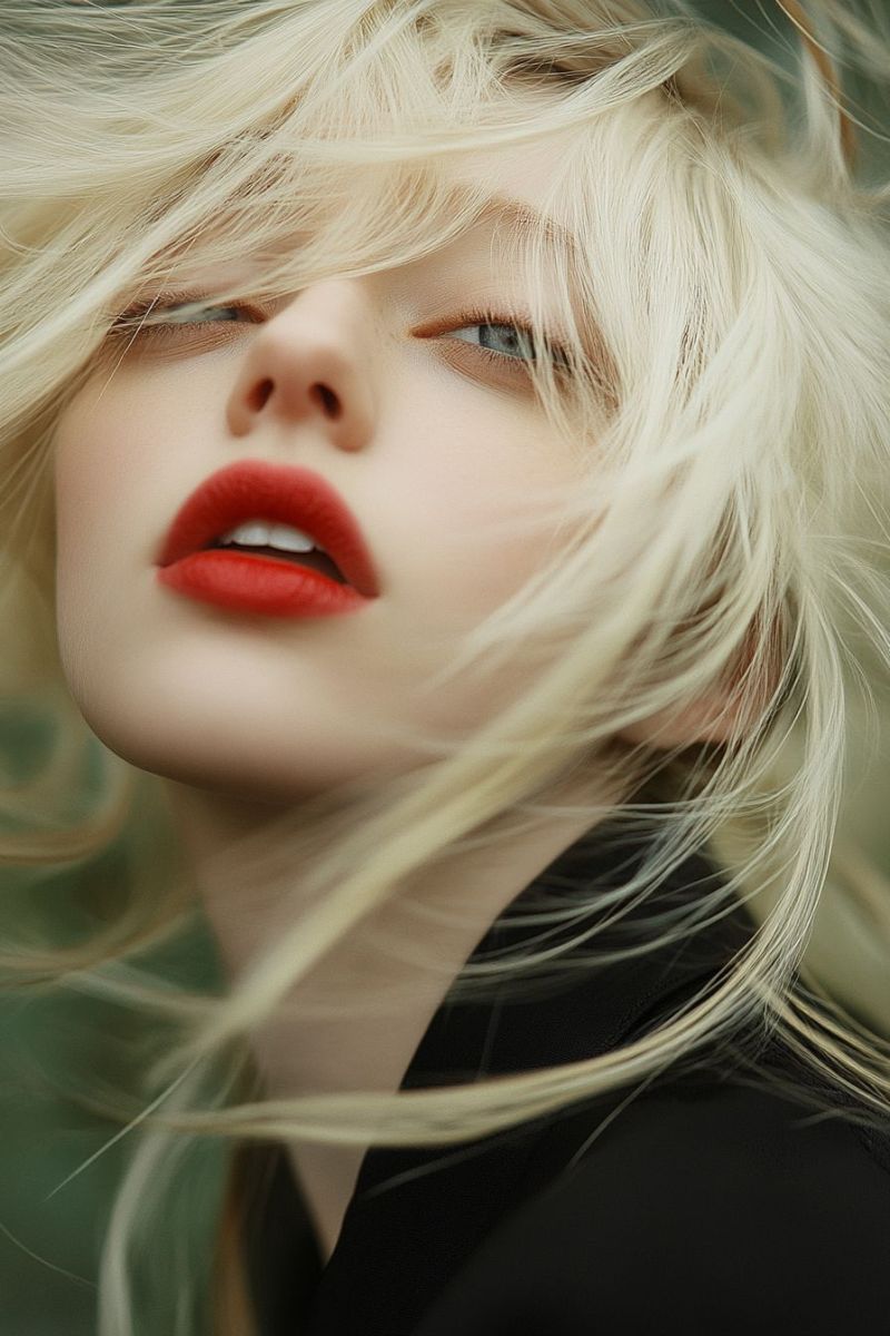 Female blonde hair fashion makeup red lipstick soft focus elegant editorial composition studio lighting person with blonde hair. The individual is wearing red lipstick and appears to be in mid-motion, with strands of hair blowing around their face. They have a neutral expression and are looking off to the side with one eye closed. The background is blurred but suggests an outdoor setting with natural lighting that casts soft shadows on the subject's face.