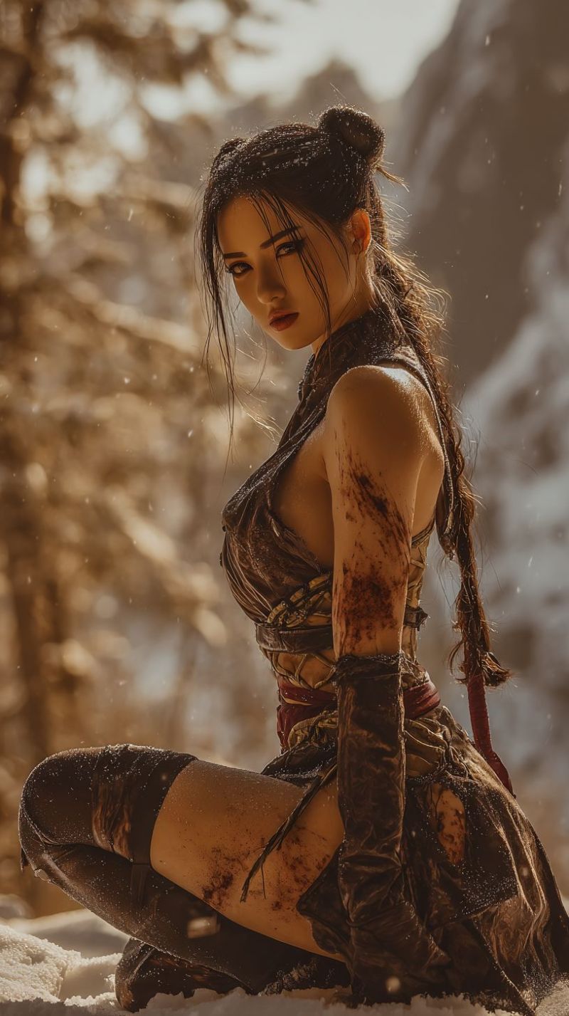 Woman snow mountain warrior fantasy blood scar brave strong determined outdoors winter adventure hero fighter battle combat action fictional A woman is kneeling on snowy ground, her hair tied back in a bun with visible blood stains. She wears a dark, tattered outfit with leather straps and gloves, and her exposed skin shows signs of battle with dirt and blood. She looks to the side with a serious expression, and behind her, there are blurry trees and a mountain range.