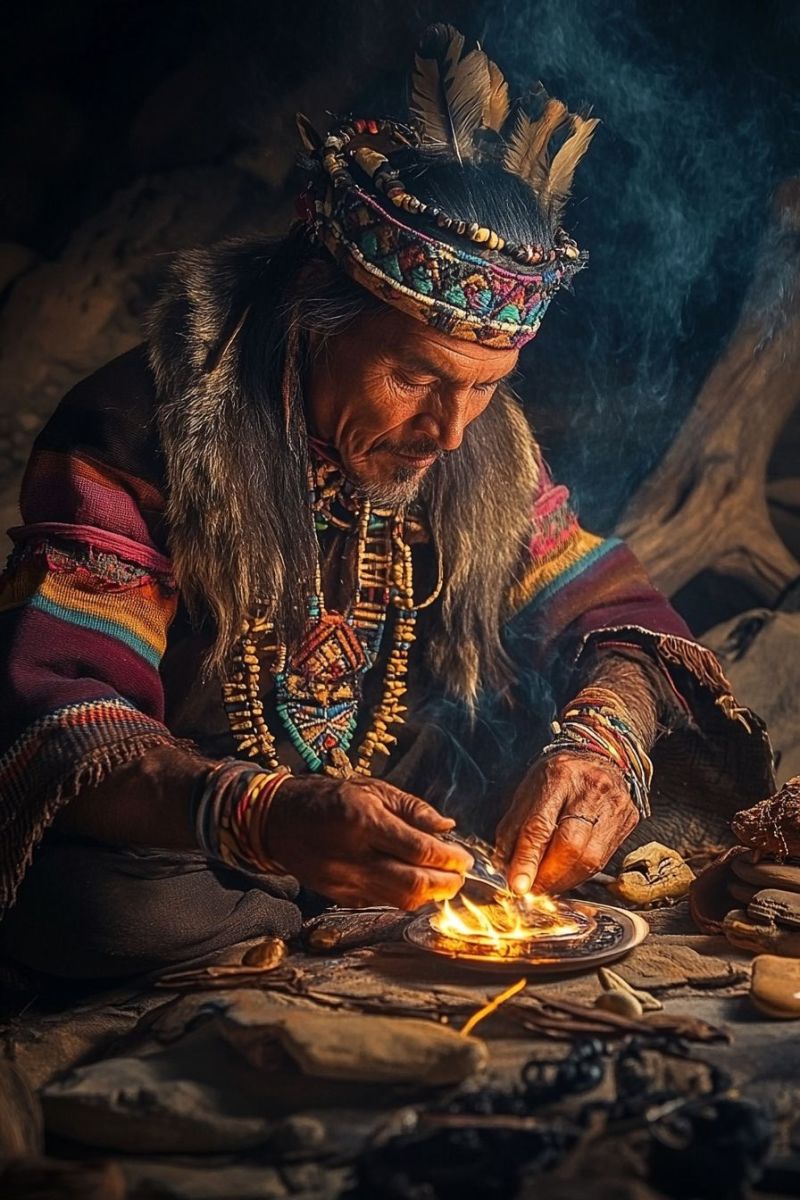 Native american culture tribal chief outdoor activity traditional craft indigenous people smoke signal fire making elderly wisdom spiritual connection In the image, you can observe a person engrossed in an activity that involves lighting a small, round candle with a match. The individual is sitting on a rock, which appears to be part of a natural setting. They are wearing traditional clothing, suggesting a cultural context or setting. The attire includes a hat with a feather, indicating Native American heritage, and the person has intricate patterns on their clothing, which is consistent with indigenous designs. The candle-lighting process is being executed carefully with the match in one hand and the candle in the other. The focus of the image is on this activity, capturing a moment of ritual or ceremony. The background is quite dark, which highlights the subject, making it easier to describe the details. However, without any specific landmarks or identifiable objects, there's not much else that can be confidently described about the environment. The lighting in the image is dim, with the exception of the lit candle and the match, creating a mood that is quiet and introspective.