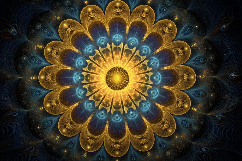 Fleur design geometrique symetrie fractal paon plume oeil queue Grande fleur complexe au centre, entourée d'un motif abstrait complexe. La fleur a un coeur jaune doré avec des pétales rayonnants qui passent à des teintes bleu profond et or. Chaque pétale est orné de plus petits motifs complexes qui ressemblent à des plumes ou des feuilles, ajoutant à l'apparence ornée de la fleur. Le fond est d'un bleu profond et sombre, avec des motifs tourbillonnants qui imitent les motifs en forme de plumes de la fleur. L'effet global est celui de couleurs riches et vibrantes et de motifs détaillés, presque fractals, qui créent un sentiment de profondeur et de mouvement