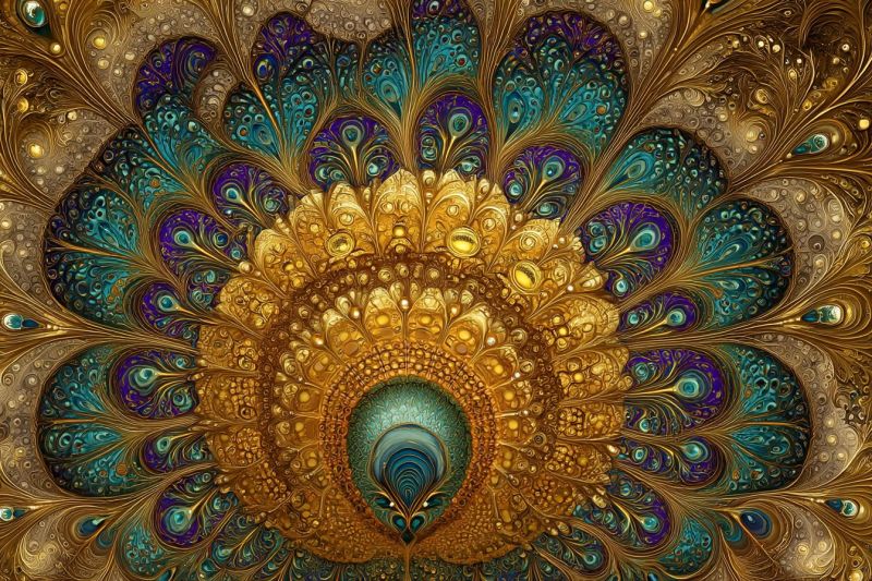 Paon plumes design bleu violet oeil centre texture nature ornement symetrie geometrique complexe Un design vibrant et complexe ressemblant aux plumes d'un paon. La partie centrale du design est une grande zone circulaire dorée avec un oeil de paon au centre, entourée de cercles concentriques de doré et de bleu-vert. Les plumes sont un mélange de violets profonds, de bleus-verts et de dorés, chaque plume ayant une texture détaillée, presque métallique. Les plumes sont disposées en un motif radial, créant un sentiment de mouvement et de profondeur. Le fond est un dégradé de doré et de bleu-vert, se fondant harmonieusement dans les plumes. L'effet global est celui d'opulence et de complexité, mettant l'accent sur la beauté et la symétrie des plumes du paon