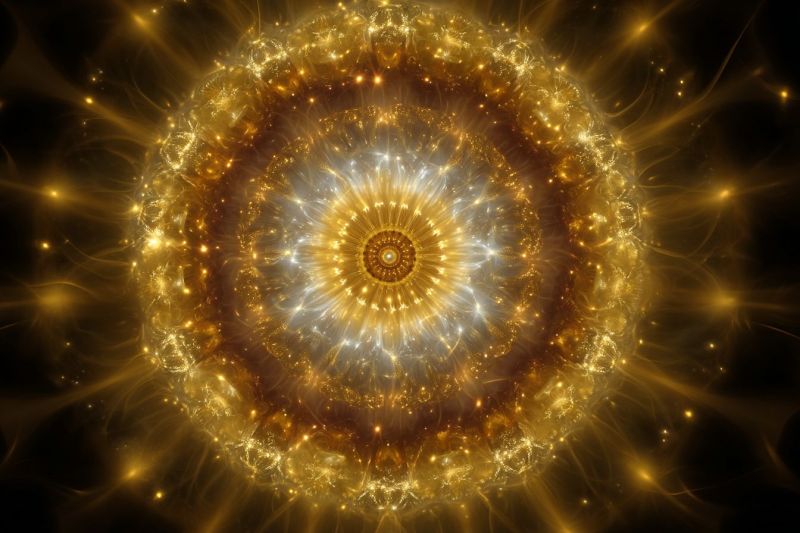 Bright circle colorful complex design energy explosion fractal geometric glow golden pattern circular design with a central golden core surrounded by concentric layers of intricate patterns. The core is a bright, glowing yellow, radiating outwards. The layers around the core are composed of swirling, golden and white lines that create a complex, almost fractal-like pattern. The outermost layer is darker, with hints of blue and gold, adding depth and contrast to the design. The background is dark, enhancing the brightness and vibrancy of the central and surrounding patterns.