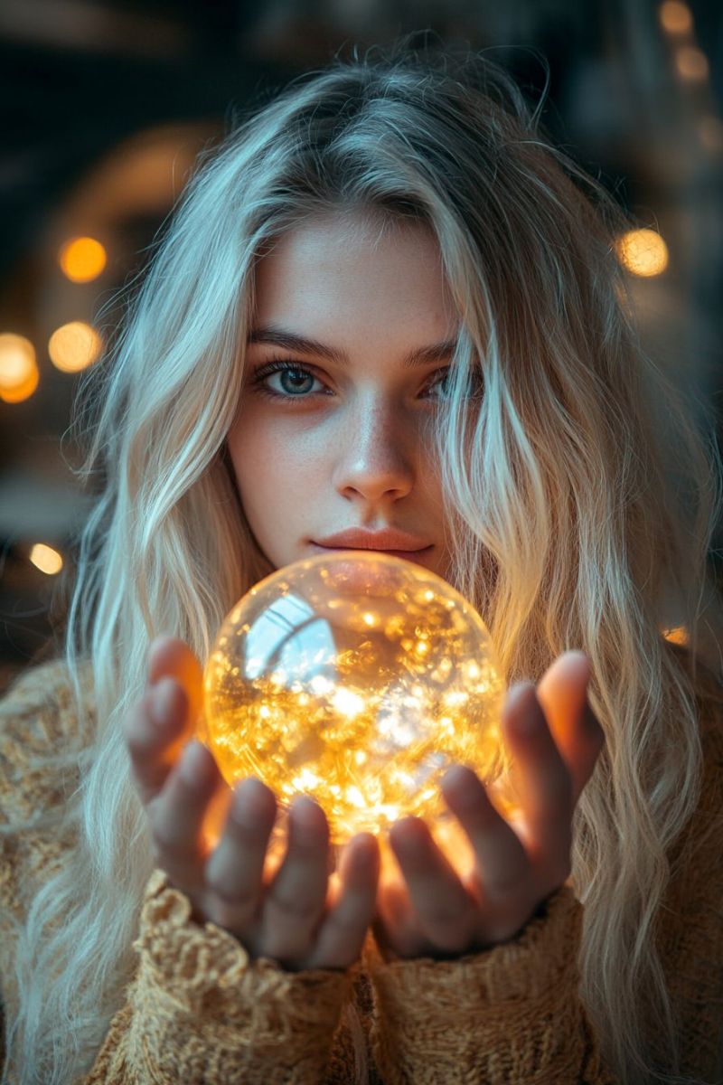 Woman magic fantasy glow crystal ball A woman with long, wavy blonde hair is holding a glowing, round object in both hands. The object appears to be a magical orb, emitting a warm, golden light. The woman's face is illuminated by the light, and she has a serious expression. She is wearing a knitted sweater. The background is blurry, with warm, yellow lights in the distance, possibly from a festive setting.