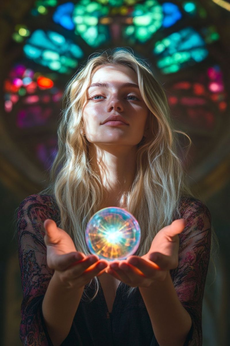 Woman magic fantasy mysticism spirituality vision clairvoyance psychic occult supernatural enchantment aura divination prophecy foresight insight intu A woman with long, wavy blonde hair is holding a glowing, multicolored orb in her hands. She is standing in front of a colorful stained glass window, which casts a vibrant light on her face and the orb. The woman's face is illuminated by the light from the orb, and she appears to be looking at it intently. The orb is a mix of blue, green, and yellow colors, and it seems to be emitting a soft, ethereal glow. The woman is wearing a long-sleeved top with a floral pattern.