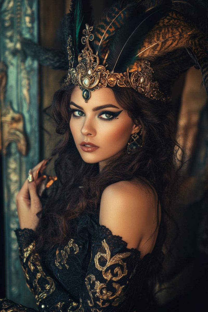 Woman fashion jewelry earrings crown feathers makeup eyeliner lipstick hair dress gown costume accessories necklace ring bracelet A woman with long, wavy dark hair is wearing an elaborate, ornate headdress adorned with feathers and gemstones. She is dressed in a black and gold gown with intricate lace and gold embroidery. Her makeup is dramatic, featuring bold eyeliner, eyeshadow, and red lips. She is holding a golden object, possibly a fan or a piece of jewelry, in her left hand. The background is dark and textured, possibly a wall or a curtain.