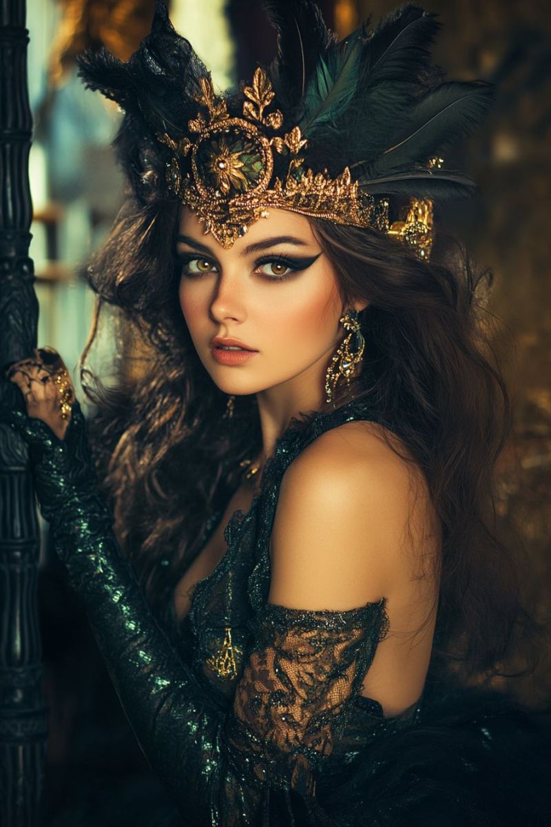 Woman fashion jewelry earrings crown feathers costume makeup glamour elegance luxury vintage beauty attire accessories A woman with long, wavy dark hair is dressed in an elaborate, dark green and gold costume. She wears a gold crown adorned with feathers and intricate designs, and her face is highlighted with makeup, including bold eyeliner and eyeshadow. She has her left hand resting on a dark, possibly wooden, column, and her right hand is adorned with a gold bracelet and a long, dangling earring. The background is blurred, suggesting a focus on the woman and her costume.