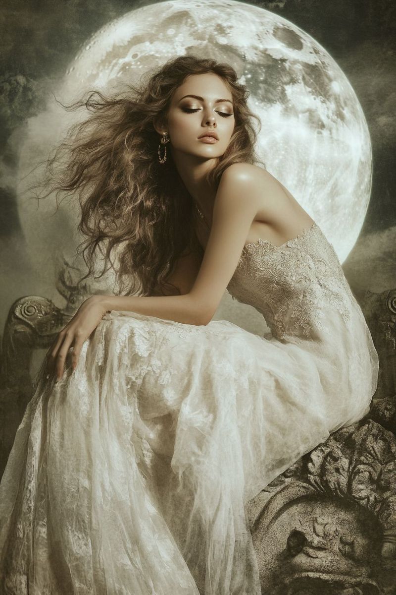 Woman moon dress fantasy beauty hair night A woman with long, wavy hair is sitting on a stone bench, her eyes closed, and her face illuminated by the bright light of a full moon in the background. She is wearing a white, lace-trimmed dress that flows down to her feet. Her left hand rests on her lap, while her right hand is placed on the back of the bench. The moon is large and detailed, with visible craters and shadows, adding a mystical and serene atmosphere to the scene.