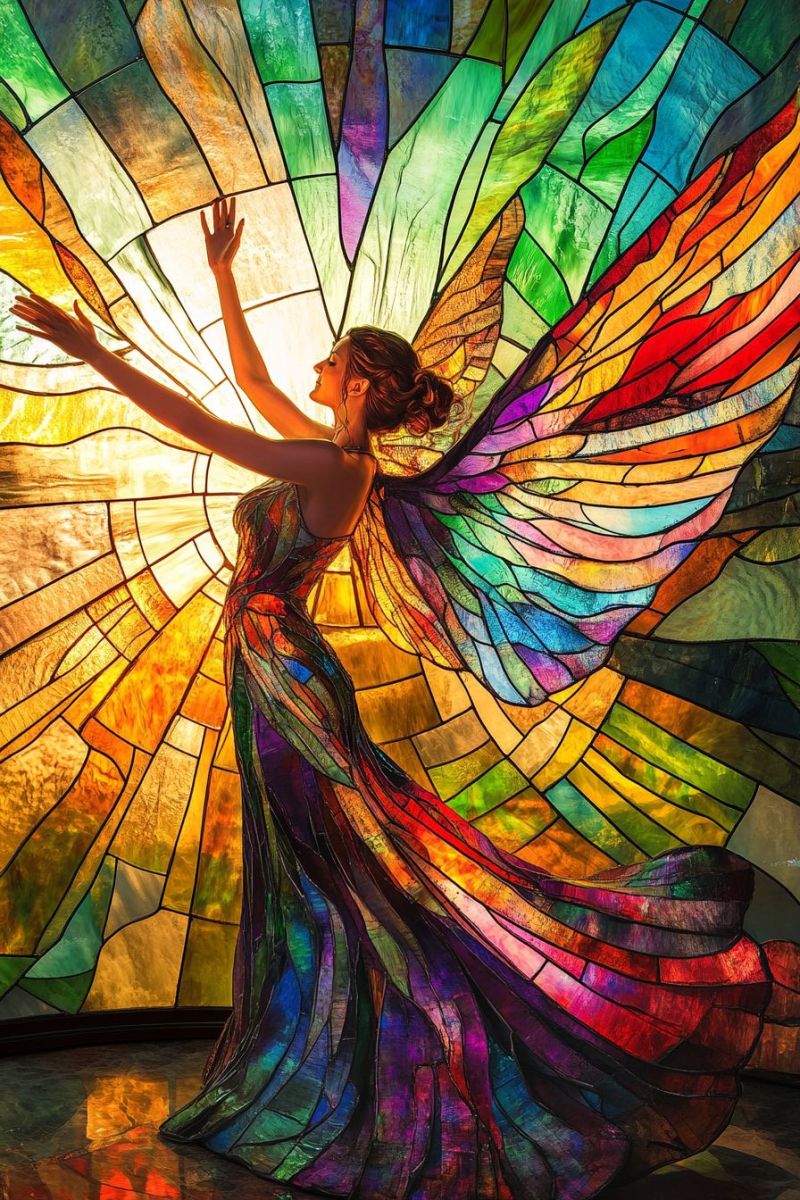 Angel stained glass colorful wings window sunlight woman fantasy rainbow beautiful dressed clothing dance celebration person standing in front of a stained glass window. The individual appears to be female with long hair, wearing what looks like a fantasy-themed costume with colors such as blue and red dominating the design. She has her arms extended outwards, as if she is either dancing or in a pose related to a performance or artistic expression. The stained glass window behind her is colorful with various shades and hues. It's designed with shapes that give it an intricate and ornate appearance. There's a pattern of circles and arcs within the window, contributing to its decorative quality. The glass is backlit, creating a warm glow that highlights the colors and patterns of the stained glass. The person is positioned in front of the window such that she is partially obscured by it, with her figure outlined against the bright background of the stained glass. This creates a silhouette effect. The ambiance suggests an indoor setting, possibly a space dedicated to art or performance.