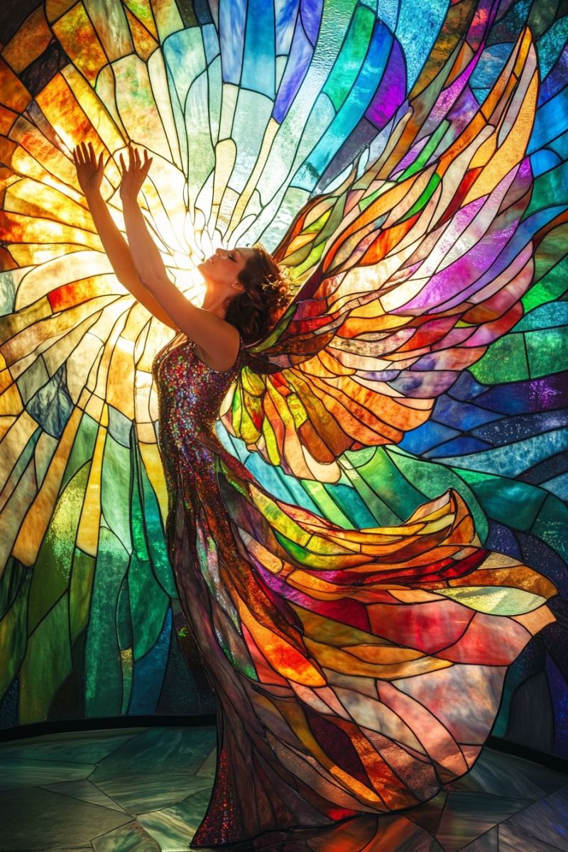 Angel wings stained glass colorful rainbow painting woman dance dress performance source theatrical interior decoration window ceiling chandelier mode there is a person standing inside a room with stained glass windows. The person appears to be in motion, as if dancing, given their pose and the flared appearance of their dress. They are dressed in a vibrant costume that resembles a butterfly or a bird, featuring bright colors such as blue, green, yellow, orange, and pink. The costumes is predominantly in shades of blues and pinks, creating an illusion of wings spread out on either side. The individual has their head turned slightly to the right and their arms extended in front of them, suggesting a dynamic pose. They are facing towards the left side of the image. The room they are in is illuminated by natural light coming from the stained glass windows, which showcase a wide spectrum of colors. The lighting creates a dramatic effect, casting colorful reflections on the floor and walls of the room, enhancing the vibrant appearance of the costume and the stained glass artistry. The person's pose and the surrounding environment suggest that this could be a performance or display space for showcasing creative costumes.