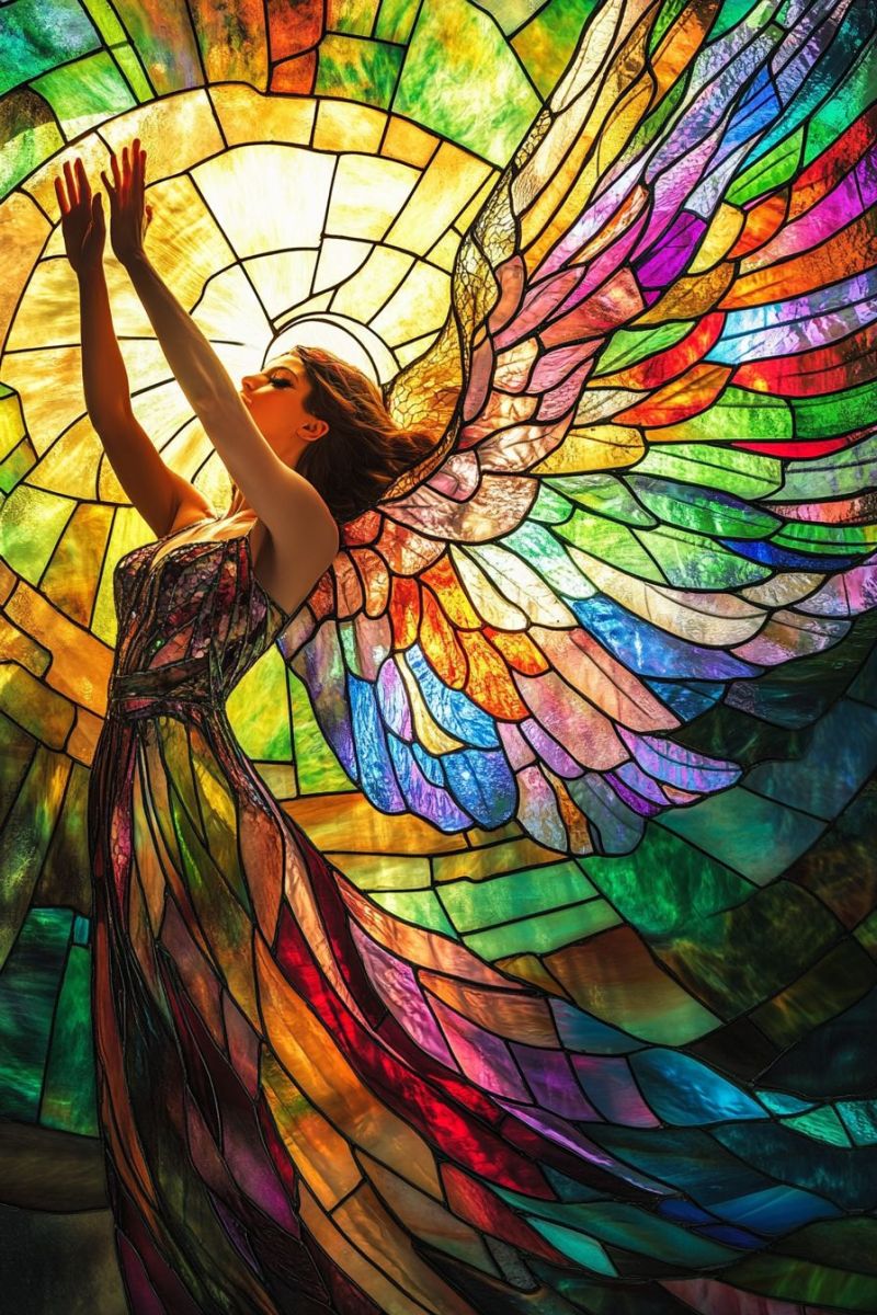 Angel stained glass woman wings colorful window celestial ethereal divine winged beautiful woman in a flowing dress with large wings. She is standing in front of a stained glass window. The colorful stained glass window features intricate patterns and shapes, creating a vibrant and artistic background. The woman's pose suggests she is either in flight or performing the action of flying. The lighting in the image creates a warm glow around her, highlighting her as the central figure. The overall style of the image is surrealistic and evokes a sense of magic or fantasy.