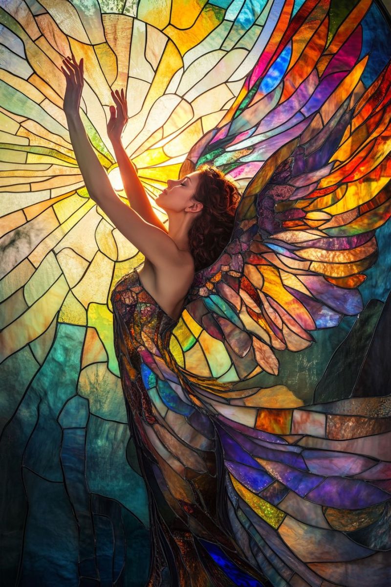 Femme ange ailes fantaisie mosaique beaute inspiration creativite divin spiritualite oeuvre design vitrail Une femme aux cheveux bouclés se tient les bras levés, son corps et ses ailes recouverts d'une mosaïque vibrante de vitraux. Les ailes sont vastes, avec un mélange de couleurs vives et sombres, incluant des nuances de bleu, violet, jaune et rouge. Le motif de la mosaïque est complexe, chaque pièce de verre contribuant à l'effet global coloré et dynamique. La robe de la femme, également faite de vitraux, flotte autour d'elle, se fondant harmonieusement avec les ailes. Le fond est une continuation de la mosaïque, créant une expérience visuelle unifiée et fascinante.