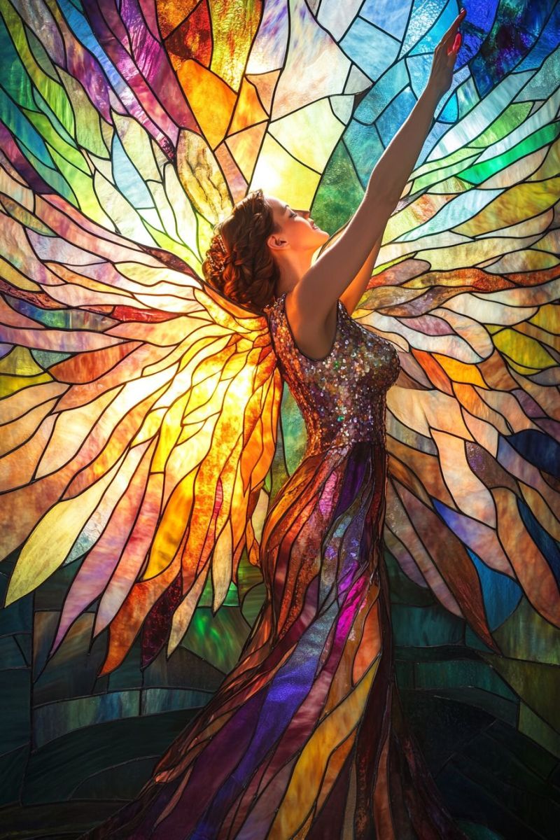 Angel wings stained glass colorful rainbow female vibrant and colorful scene. At the center, there's a person with long hair, wearing a flowing dress adorned with feathers, resembling an angelic creature. They are holding out their arms towards the viewer, as if inviting them into the scene. The individual has one foot raised in the air, adding to the dynamic and ethereal quality of the image. Surrounding this central figure is a large stained glass window. The window is intricately crafted, with panels of various shapes and sizes that together form a patterned with multiple colors. It appears to be illuminated from within, casting a warm glow on the surroundings. The person's dress matches the colors in the window, creating a harmonious blend between the individual and the background. The overall mood of the image is one of serenity and inspiration, evoking a sense of fantasy and joy.