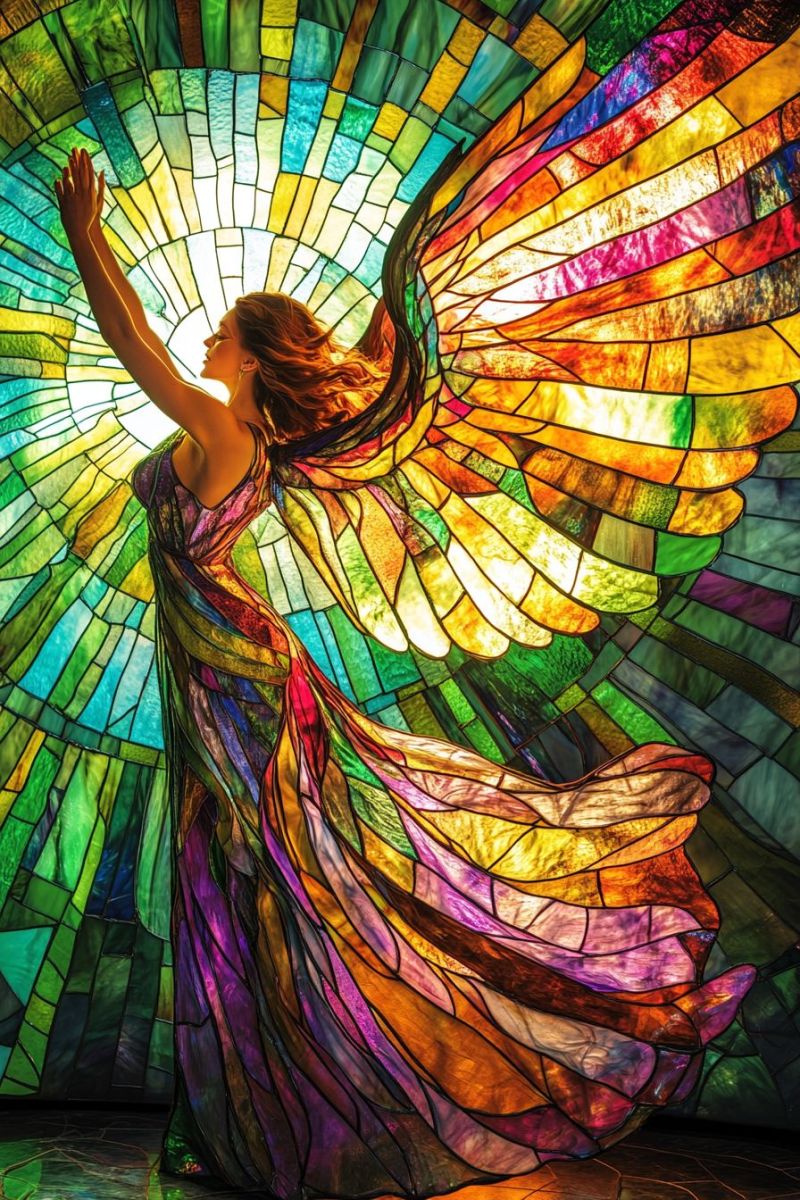 Colorful stained glass angel winged mosaic woman dancing jewelry creative colored piece inspirational The image you've shared appears to be a landscape photograph featuring a mountainous area with greenery. In the foreground, there is a dense forest with various shades of green, indicating a healthy ecosystem. Beyond the forest, there are visible mountains, which suggest this might be a scene from a high-altitude region or a mountainous national park. The terrain seems rugged and natural, with no immediate signs of urban development or human habitation. The sky is clear and blue, suggesting fair weather conditions at the time the photo was taken. There are no visible clouds or precipitation in the sky, indicating either a sunny day or early morning when the sky is typically free from clouds. The composition of the image places the camera lower, looking up towards the mountains, which gives a sense of depth and scale to the scene. The light source appears to be coming from the upper right quadrant of the image, likely suggesting that the photo was taken during daylight hours with the sun above the viewer's line of sight. There are no texts or distinctive markings on the image that would provide additional context or information about the location or the significance of the scene. The style of the image is realistic and it seems to be a standard photograph without any evident filters or artistic manipulations.