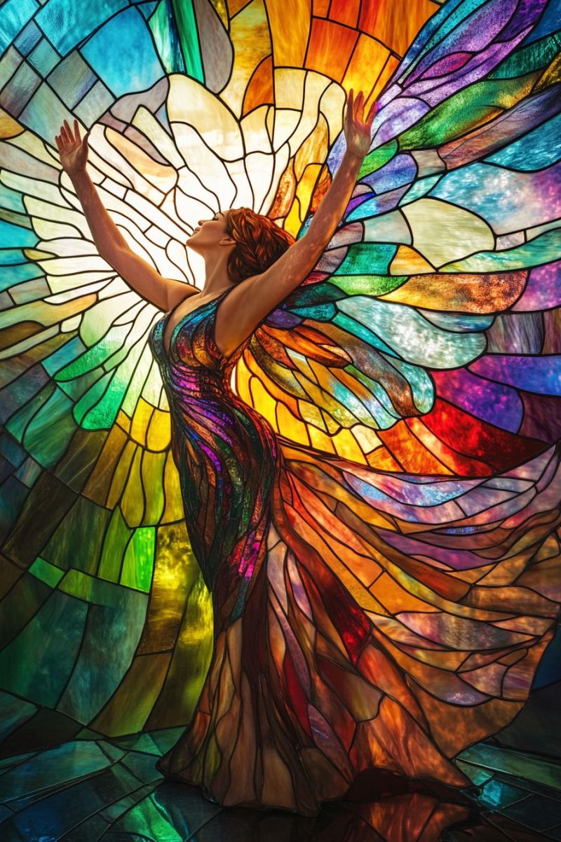 Stained glass colorful multicolored window woman fairy magic rainbow fantasy whimsical ceiling room interior decoration mosaic you can see a person standing in front of a large stained glass window. The person is dressed in a vibrant outfit with a flowing design that resembles a butterfly, predominantly in shades of purple and blue. They have their arms outstretched, as if embracing the scene around them. The stained glass window itself is quite colorful, featuring multiple panels with various hues including red, orange, yellow, green, blue, and purple. The design within these panels appears to be abstract, with no clear shapes or forms that one could readily identify. The setting seems to be indoors, possibly a church or cathedral given the style of the stained glass window, which is often associated with religious architecture. There's a sense of light coming from the window, illuminating the person and creating an effect similar to a halo around their head. This could suggest that the person is in a place of spiritual significance or reflection. The overall mood of the image is serene and inspirational, with the play of colors and the silhouette of the person against the colorful backdrop of the stained glass window creating a striking contrast between light and shadow.