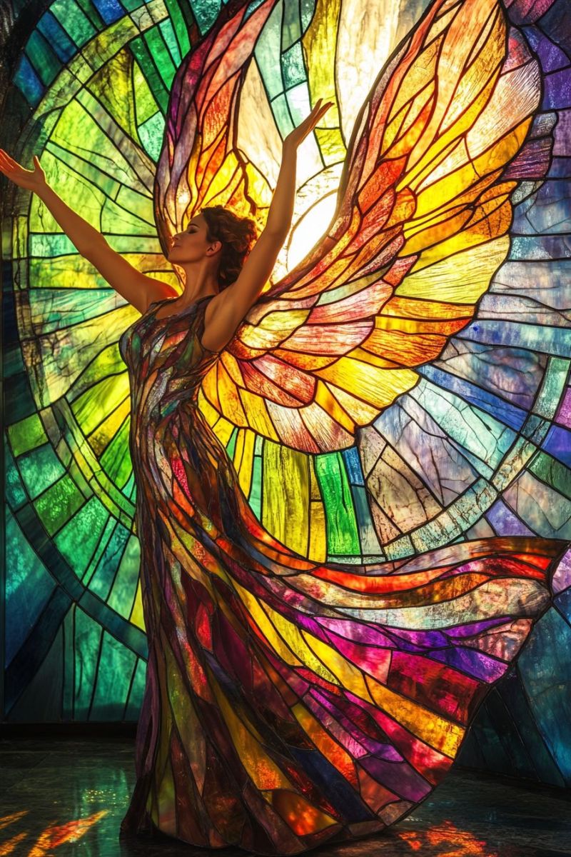 Stained glass colorful mural window rainbow church decorative display intricate design religious purposes beautiful peacock artist artistry woman posi person in the center wearing a vibrant, multi-colored dress with flowing patterns that resemble wings. This gives them an ethereal appearance as if they are a fairy or angel. They have one arm extended upwards, and their face is not visible due to the angle of the shot. The person's hair is styled in a way that it cascades down, adding to the overall impression of movement and lightness. The background features a stained glass window with intricate designs, through which the figure appears to be illuminated from within. The colors of the stained glass include blues, greens, yellows, reds, and purples, creating a rainbow effect that adds to the fantastical theme of the image. The setting is indoors, likely a room with low lighting to highlight the colorful attire and the stained glass window. The style of the image is artistic and whimsical, possibly suggesting a fantasy or dreamlike scenario.