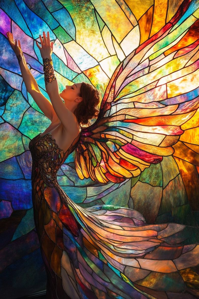 Painting stained glass fantasy angel woman costume jewelry sunlight sky clouds window building decorative intricate beautiful craftsmanship This is a colorful, vibrant, and fantastical digital artwork. woman with wings that seem to be made of stained glass, glowing in hues of orange, yellow, red, blue, and green. She appears to be standing within a large, intricately detailed stained glass window or portal. The woman is wearing a dress with feather-like designs and has her arms extended as if she's either flying or conducting music. Her hair flows around her, suggesting movement. The background of the artwork consists of a multitude of smaller panels or windows that contribute to the stained glass effect. These panels are filled with various colors and patterns, giving the impression of depth and complexity. The woman is centrally positioned, which draws attention to her as the main subject of the piece. Her pose and expression suggest she might be singing or performing. The artwork has a highly detailed texture that makes it look like real stained glass. There are no texts visible in this image. The overall style of the image is imaginative and magical, evoking a sense of wonder and enchantment.