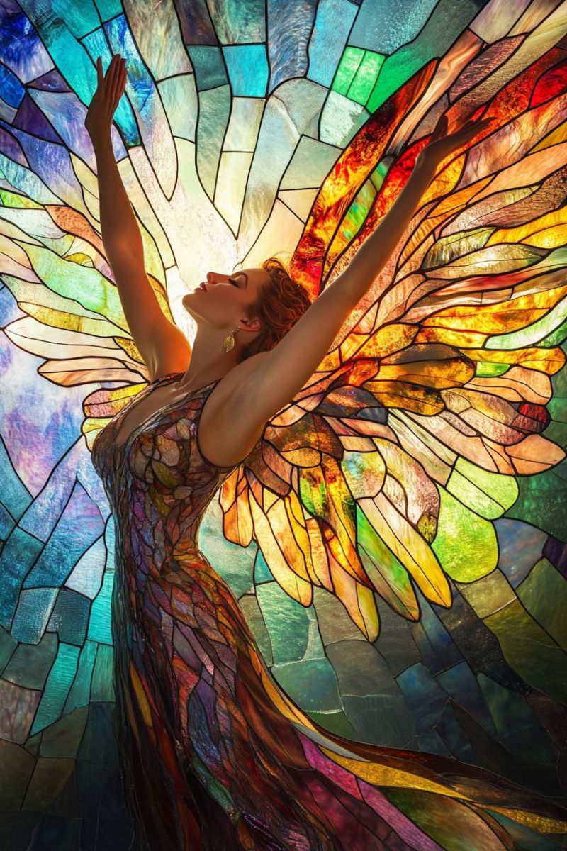 Woman angel wings stained glass colorful beautiful sunlight sky window design fantasy rays person with wings, likely symbolizing freedom, inspiration, or the supernatural. This individual is standing in front of a stained glass window that has a colorful pattern resembling peacock feathers or perhaps butterfly wings. The figure appears to be a woman with her eyes closed, her arms raised as if reaching out to something beyond herself. Her attire suggests a connection with the mystical or magical theme. She is smiling and seems to be in a state of joy or exaltation. The stained glass window is behind her, providing a vibrant backdrop that contrasts with her form against it. The colors from the stained glass are warm and inviting, contributing to the overall sense of enchantment.