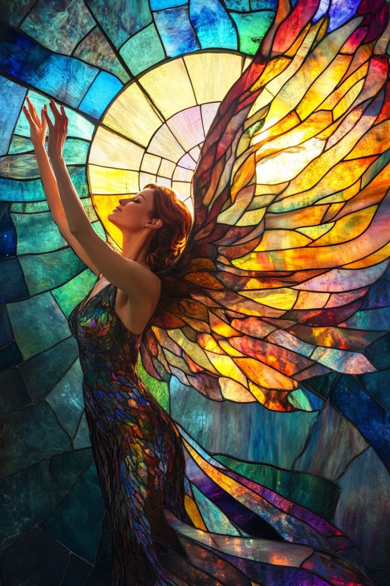 Ange beaute design robe fantaisie feminin verre paradis mosaique femme Une femme se tient les bras levés, les yeux fermés et les cheveux au vent, vêtue d'une robe fluide qui reflète les couleurs vives des vitraux derrière elle. Les vitraux présentent une grande fenêtre circulaire avec un motif de rayons de soleil, irradiant un spectre de couleurs allant du bleu et du vert au jaune, orange et rouge. Les ailes de la femme, faites du même vitrail coloré, s'étendent derrière elle, ajoutant à l'atmosphère éthérée et mystique de l'image.