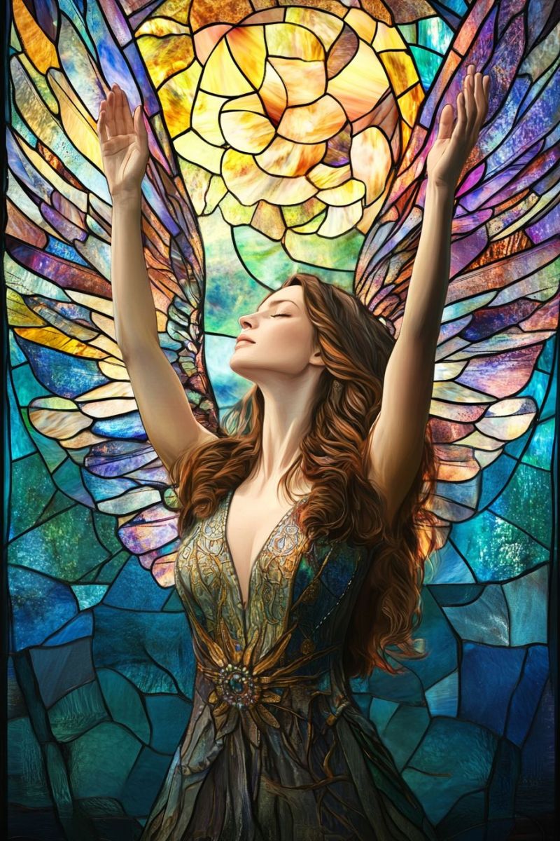 Glass stained window wings angel mystical fantasy female hands raised colorful religious beauty peaceful heavenly creative craftsmanship decorative serene landscape featuring a clear body of water lake or calm sea. On the right side, there's a shoreline with trees and what looks like a wooden structure, possibly a dock or pier. A small island is visible on the far end of the water body. In the background, on the left side, there are mountains with varying shades of green, suggesting different levels of vegetation, and snow-capped peaks that suggest a high-altitude environment. The sky is partly cloudy, allowing for some sunlight to illuminate parts of the scene. There's no visible text within the image.