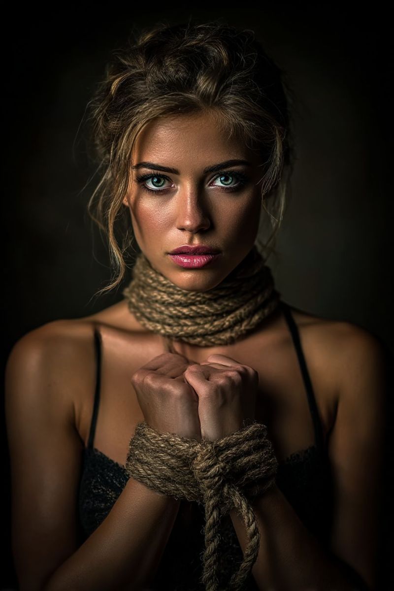 Femme beaute maquillage yeux expression emotion captivite contrainte corde bondage obscurite Une femme aux cheveux blonds courts et ondulés pose pour une photographie. Elle a une expression sérieuse et porte un débardeur noir. Autour de son cou, une corde est nouée en un noeud et s'étend jusqu'à ses poignets, où elle est également nouée en un noeud. Ses lèvres sont peintes d'une couleur rose vif, et elle a un grain de beauté visible sur sa joue droite. Le fond est sombre, et l'éclairage est concentré sur son visage et son haut du corps