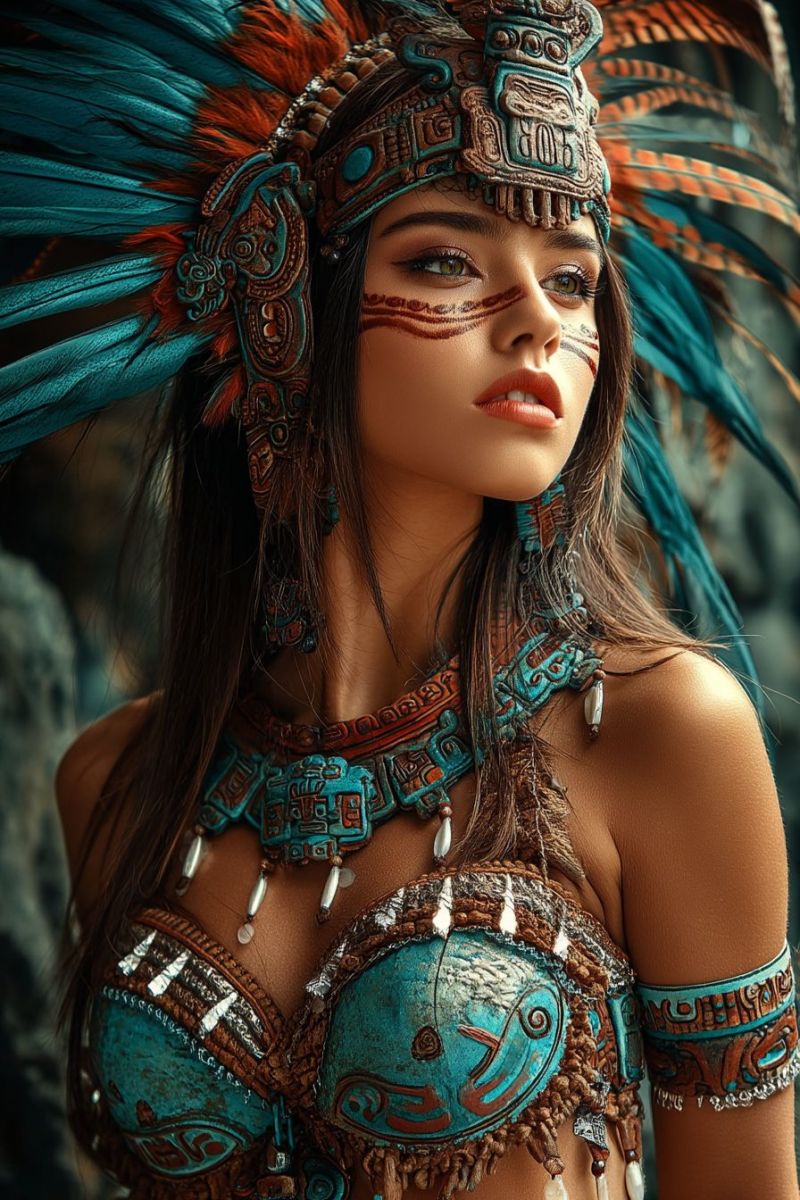 Woman costume headdress feathers jewelry necklace earrings bracelet makeup tribal ancient warrior bra chest belt paint buckle loop strap tongue A woman is dressed in an elaborate costume inspired by ancient Mesoamerican cultures. She wears a headdress adorned with turquoise and red feathers, and intricate designs. Her face has red and black markings, possibly representing tribal or ceremonial paint. She has long, dark hair flowing down her back. The costume includes a necklace with turquoise and red beads, and a chest piece with a large, detailed design, possibly depicting a fish or other animal. The overall look is regal and ceremonial, suggesting a cultural or historical theme.