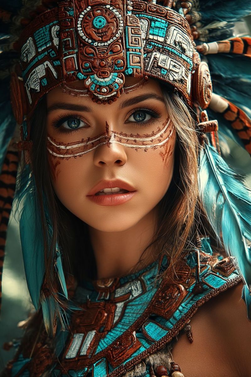 Woman costume headdress feathers makeup traditional indigenous cultural ethnic design pattern jewelry accessories fashion beauty paint A woman is dressed in a detailed and vibrant costume that appears to be inspired by ancient indigenous cultures. Her face is painted with intricate designs, including white and brown patterns around her eyes and down her nose. She wears a headdress adorned with feathers and a central design featuring turquoise stones. The headdress is complemented by a necklace with beads and a pendant. Her hair is styled with feathers, and her attire includes a blue and brown tunic with decorative elements. She has a serious expression, and her eyes are visible through the painted designs.