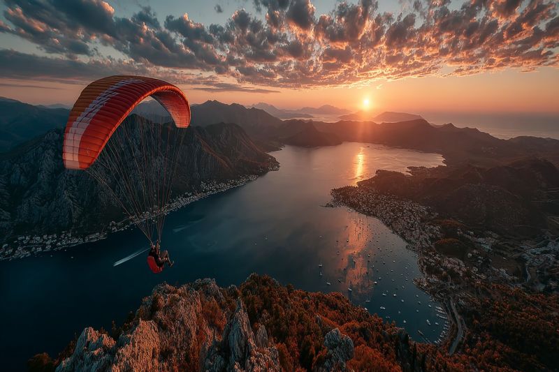 Bien avez fourni Une personne fait du parapente au-dessus d'un paysage pittoresque au coucher du soleil. Le parapentiste est suspendu dans les airs, avec un parachute vibrant orange et blanc gonflé au-dessus d'eux. En dessous, un plan d'eau serein, peut-être une baie ou un lac, reflète les teintes chaudes du soleil couchant. L'eau est parsemée de bateaux, et au loin, une ville ou un village est niché entre les collines. Le ciel est un mélange d'orange et de rose, avec des nuages éparpillés ajoutant de la texture à la scène. Les montagnes en arrière-plan sont en silhouette contre le ciel vibrant, créant un arrière-plan dramatique pour l'aventure de parapente.