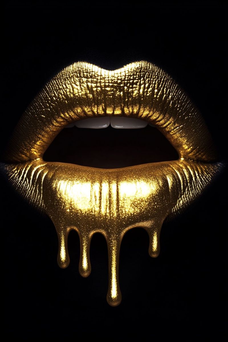 Lips gold dripping makeup sweet yummy mouth juicy tasty edible luxurious lipstick cosmetic beauty fashion trendy luxury chic sexy allure The image presents a close-up of a gold metallic lipstick adorning a pair of lips that are slightly parted. The lipstick appears to be dripping, with some drops visible on the skin around the lips, giving the impression of the lipstick melting or being applied in an exaggerated manner. The background is dark and out of focus, which accentuates the glossy golden color of the lipstick and draws attention to it. There are no texts visible in this image.