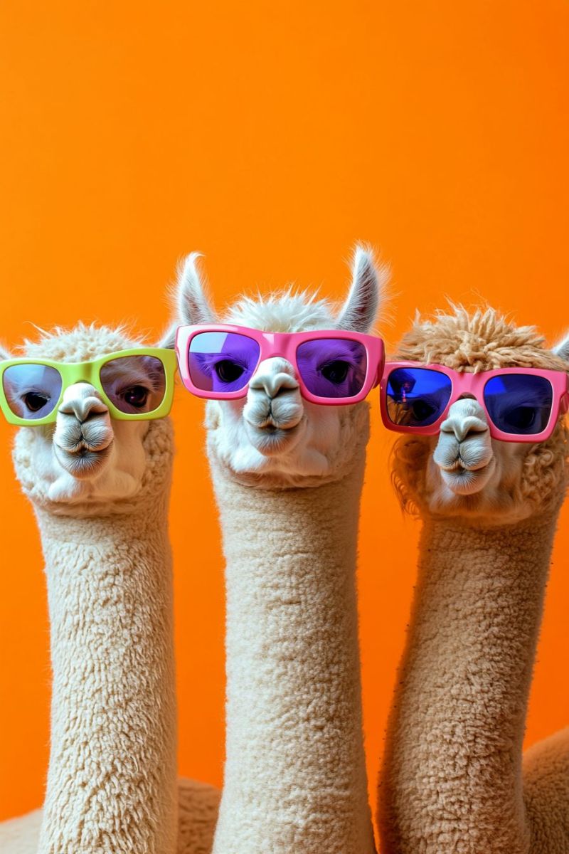 Alpaca animal llama eyewear sunglasse fashion accessorie funny summer vibe cute creature quirky photograph of three llama plush toys. They are standing upright against a solid light orange background. Each llama has a pair of sunglasses with vibrant frames, featuring colors like blue, pink, and yellow. The llama on the left is facing slightly to the right, while the one in the center is looking directly at the camera, and the llama on the right is turned towards its left side. They are all wearing fur coats that match their sunglasses in color: the one on the left has a white coat with blue glasses, the middle llama has a brown coat with pink glasses, and the one on the right has a beige coat with yellow glasses. The image is well-lit, which highlights the colors of the items.