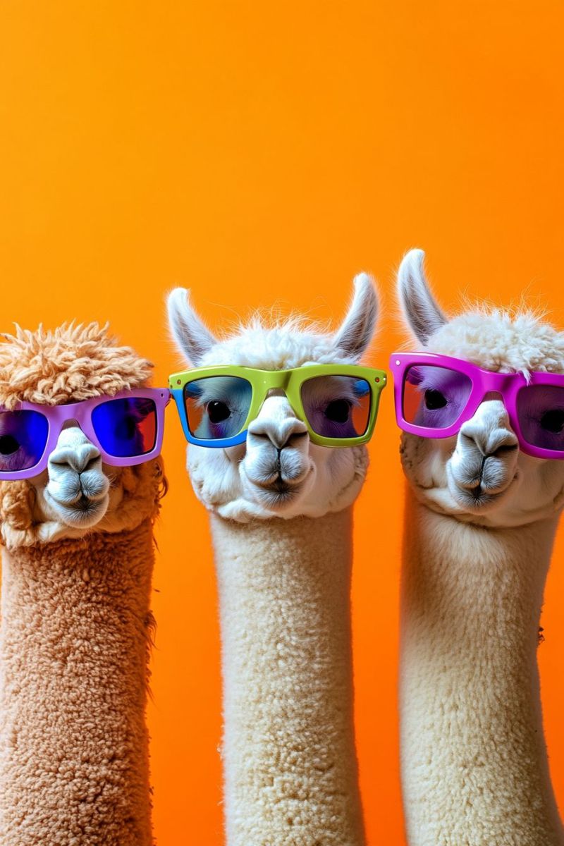 Llamas stuffed animals sunglasses accessories colorful playful fun toy The image features three stuffed animals that resemble llamas. They have long, shaggy fur in a tan color and large, round eyes that give them an endearing appearance. Each of the llama toys is wearing a pair of sunglasses with vibrant frames; the first one has pink glasses, the second has blue glasses, and the third has green glasses. The background is a solid color, providing a contrast that highlights the llama figures. There's no text in the image, and it appears to be a straightforward photograph focused on showcasing these plush toys.