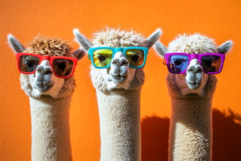 Llama alpaca sunglasse quirky funny eyewear colorful humorou fashionable unique accessorie pet fashion animal playful hearted there are three identical alpacas. They have soft, light brown fur and large eyes that appear to be looking upwards towards the camera. Each alpaca is wearing sunglasses with colorful frames—one pair in blue, another in pink, and a third in green. The background of the photo is plain and does not offer any additional context. There are no texts visible in this image.