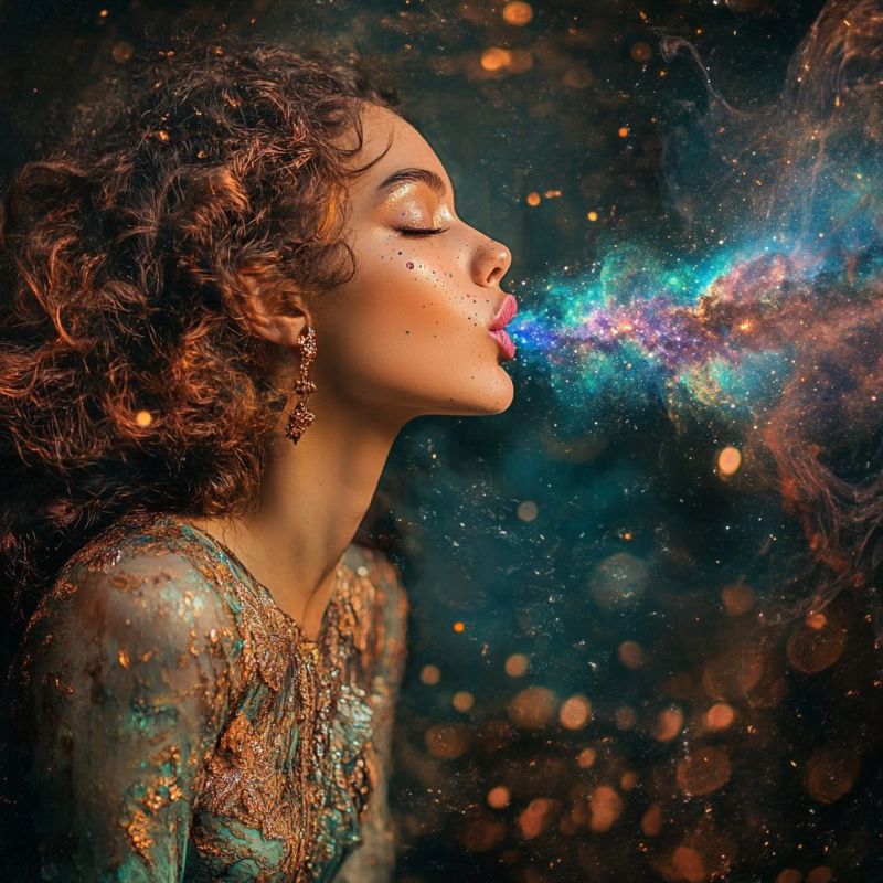 Relaxed curly woman blowing colorful galaxy accurate picture amazing demonstrating the mischiefs wild of human activities on la relaxed curly woman blowing colorful galaxy