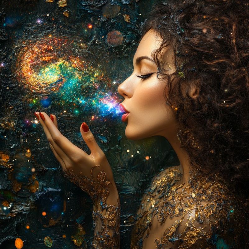 Relaxed curly woman blowing colorful galaxy accurate picture amazing demonstrating the mischiefs wild of human activities on la relaxed curly woman blowing colorful galaxy