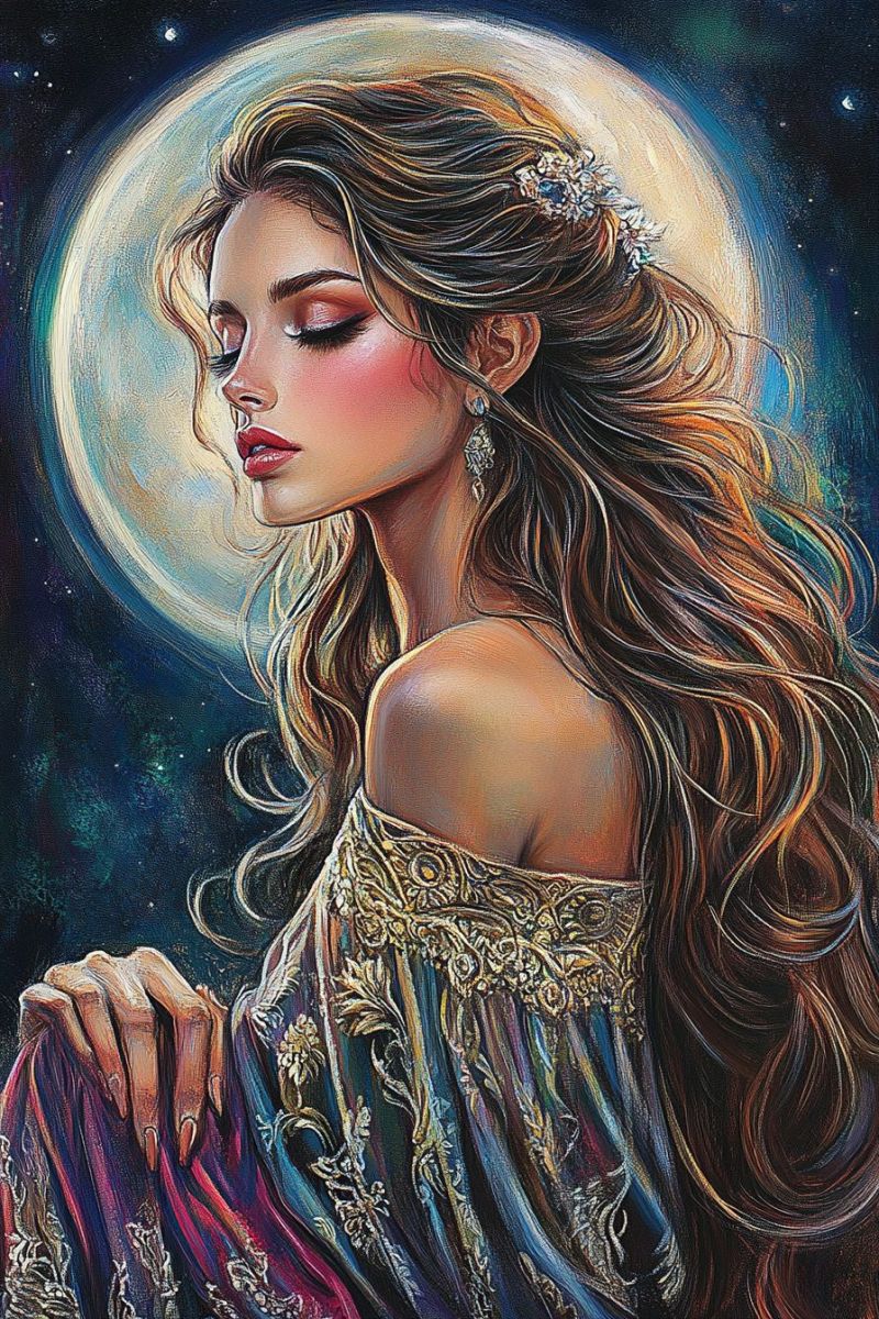Woman fantasy painting beauty fashion jewelry earrings hair moon night stars sky clothing dress The painting depicts a woman with long, wavy hair cascading down her back. She wears a dress adorned with intricate gold embroidery and a mix of vibrant colors, including blue, pink, and purple. Her hair is held back with a delicate floral hairpiece. She gazes downward with her eyes closed, appearing to be in a contemplative or serene state. Her lips are painted in a soft pink hue, and she wears elegant earrings. The background features a large, glowing full moon surrounded by a starry night sky, adding a mystical and ethereal quality to the scene.