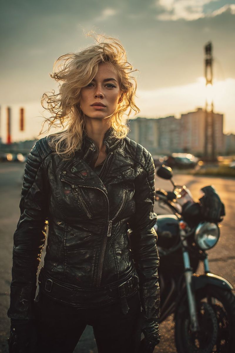 Femme moto veste blonde ville soleil urbain fashionable motocycliste cuir cool attitude aventure liberte vitesse Une femme aux cheveux blonds se tient avec assurance devant une moto, portant une veste en cuir noir avec des accents dorés. Elle a une expression sérieuse et regarde sur le côté. Derrière elle, un paysage urbain est visible avec des bâtiments hauts et une tour. Le ciel est un mélange de bleu et d'orange, indiquant soit un lever de soleil, soit un coucher de soleil. La moto est garée sur le bord de la route, et il y a d'autres véhicules et structures en arrière-plan.