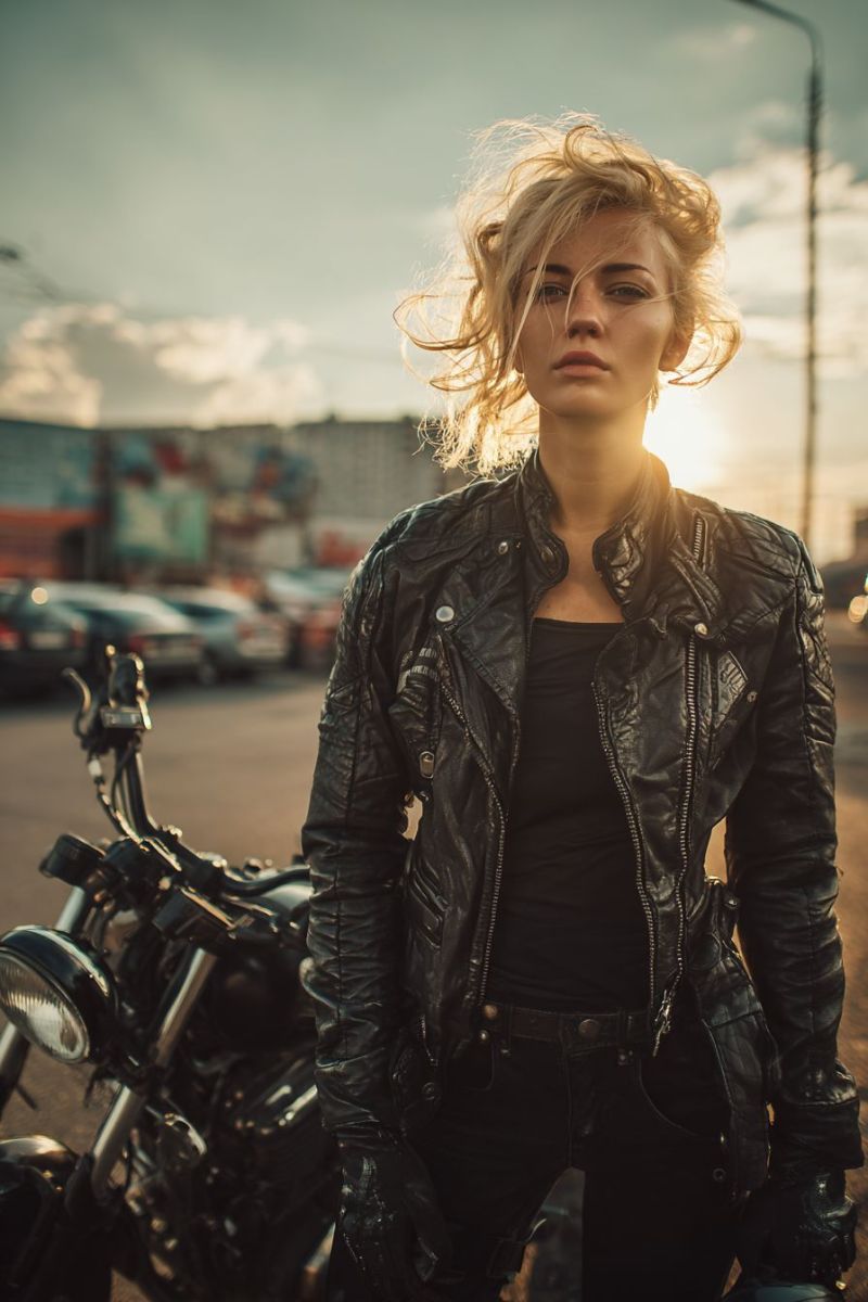 Moto femme veste blonde soleil ville urbain decontracte tenue cuir gants casque motarde attitude confiante Une femme aux cheveux blonds se tient avec assurance à côté d'une moto, ses cheveux flottant dans le vent. Elle porte une veste en cuir noire avec des fermetures éclair et un haut noir. Le soleil se couche derrière elle, projetant une lueur chaude sur elle et la moto. En arrière-plan, il y a plusieurs voitures garées et un bâtiment avec un panneau. Le ciel est un mélange de nuages bleus et blancs.