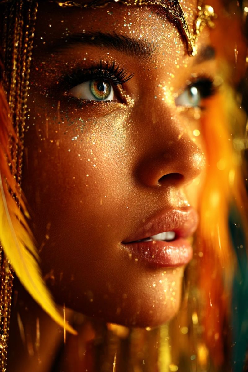 Woman eye makeup glamour beauty glitter jewelry hair fashion creative design expression emotion A close-up of a woman's face with her eyes closed, adorned with golden glitter and feathers. Her skin is highlighted with a golden sheen, and her lips are slightly parted. Her eyes are framed by long, dark lashes, and her hair is styled with golden feathers. The background is blurred, with a warm, golden light illuminating her face.