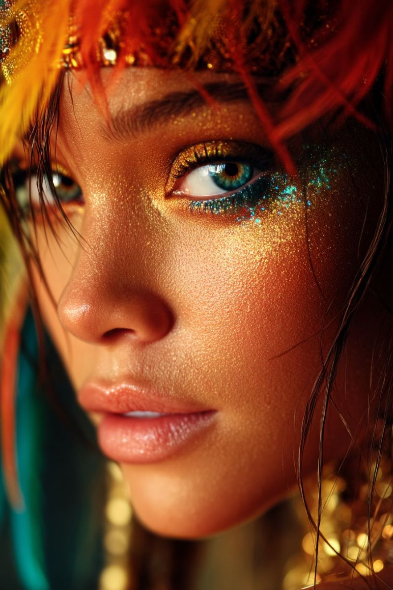 Woman eye hair makeup eyelash eyeshadow eyeliner lip lipstick nose ear neck necklace jewelry accessory feather headband hairstyle A close-up of a woman's face with striking makeup. Her eyes are adorned with vibrant blue and gold eyeshadow, and her eyebrows are highlighted with gold glitter. Her lips are subtly glossed, and her skin has a smooth, golden sheen. She wears a headdress with red and yellow feathers, adding to the exotic and glamorous look. The background is blurred, focusing attention on her face.