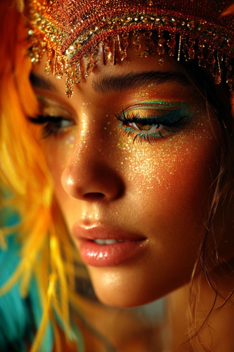 Eye eyelash eyebrow eyeliner lipstick makeup cosmetics beauty fashion shadow lip gloss liner A close-up of a woman's face with vibrant, colorful makeup. She has long, wavy hair that is golden and yellow. Her face is adorned with glittery makeup, including gold and green eyeshadow, and her eyes are lined with black eyeliner. She wears a golden headdress with fringes and a golden feather on the side. Her lips are pink, and her skin has a slight glow. The background is blurred, suggesting a festive or glamorous setting.