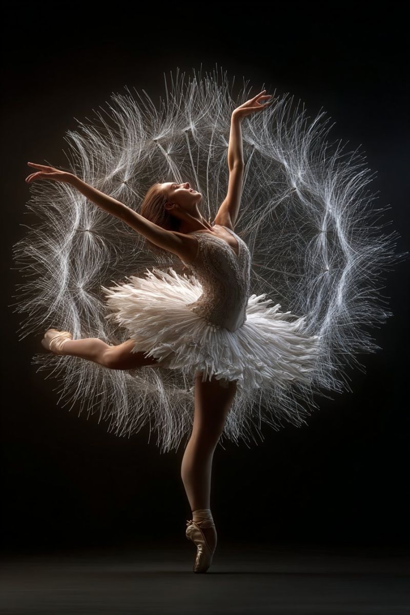 Ballet danseur performance grace elegance expression creativite theatre ombre choregraphie esthetique inspiration beaute Une ballerine est capturée en pleine performance, son corps gracieusement arqué vers l'arrière avec les bras étendus vers l'extérieur. Elle porte un tutu blanc avec un corsage scintillant, et ses cheveux flottent librement. L'arrière-plan est sombre, et autour d'elle, il y a une explosion d'éléments blancs semblables à des plumes qui ressemblent à des graines de pissenlit, ajoutant une touche fantaisiste et éthérée à la scène.