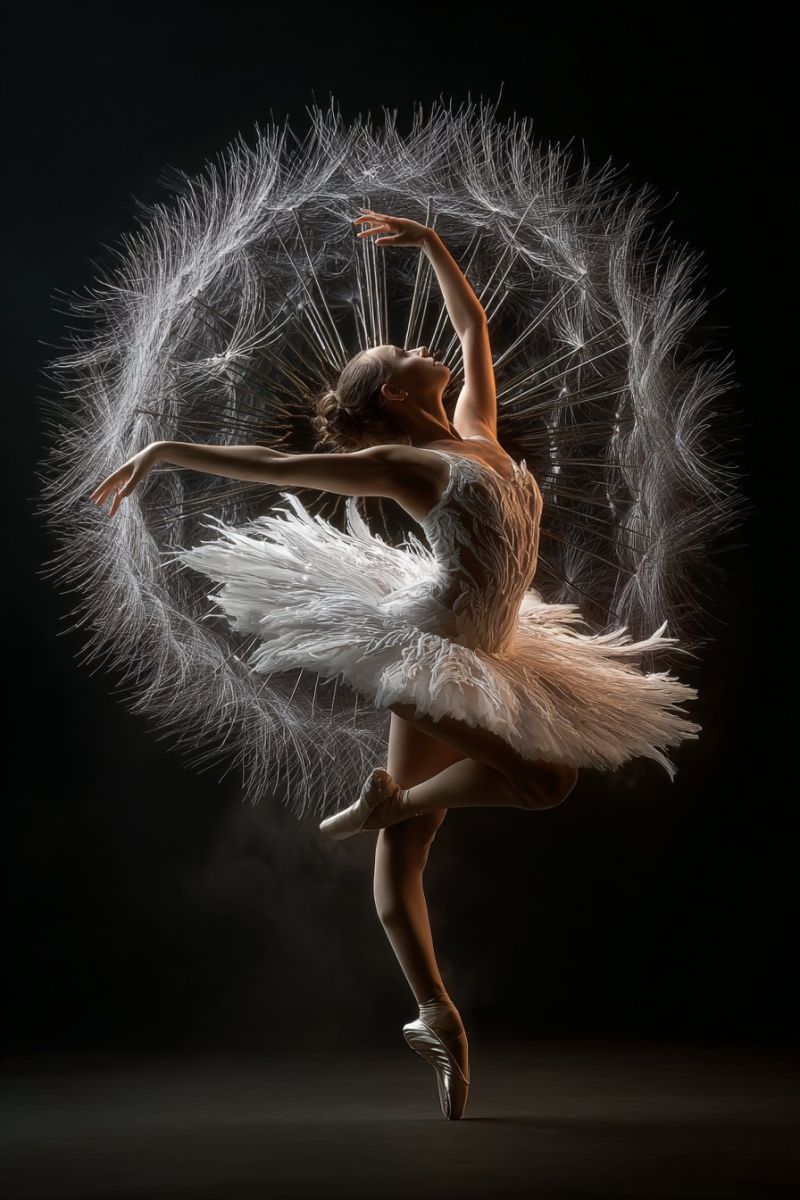 Ballet ballerine performance grace expression emotion creativite inspiration imagination fantaisie reve ombre beaute elegance Une ballerine est capturée en plein saut, son corps gracieusement cintré et ses bras étendus vers l'extérieur. Elle porte un tutu blanc avec un corsage ajusté, et ses cheveux sont attachés en arrière. Elle est entourée par un grand pissenlit moelleux, ses graines flottant autour d'elle, créant un effet fantaisiste et éthéré. Le fond est sombre, mettant en valeur la danseuse et le pissenlit. L'image transmet un sentiment de légèreté et de liberté, avec la pose de la danseuse et les graines flottantes.