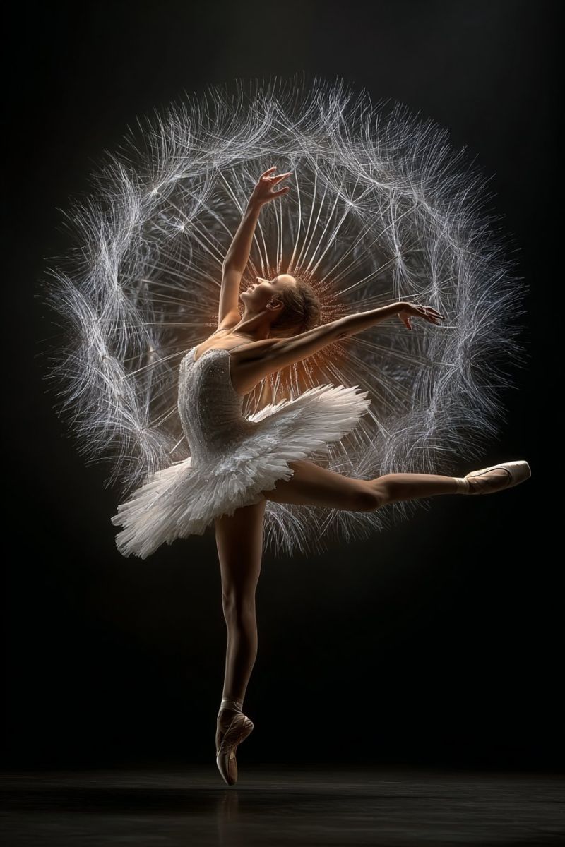 Ballet ballerine performance grace expression emotion ombre beaute elegance creativite imagination fantaisie inspiration reve Une ballerine est capturée en pleine performance dans une pose dramatique. Elle est vêtue d'un tutu blanc scintillant et d'un corsage assorti, ses cheveux sont tirés en arrière en un chignon. Ses bras sont élégamment étendus, un bras tendu vers le haut tandis que l'autre est étiré sur le côté. Elle est en pose de ballet avec une jambe étendue derrière elle et l'autre pliée au genou. L'arrière-plan est un cadre sombre, presque noir, avec un grand pissenlit éthéré au centre, ses graines flottant autour d'elle, ajoutant un élément fantaisiste et magique à la scène.