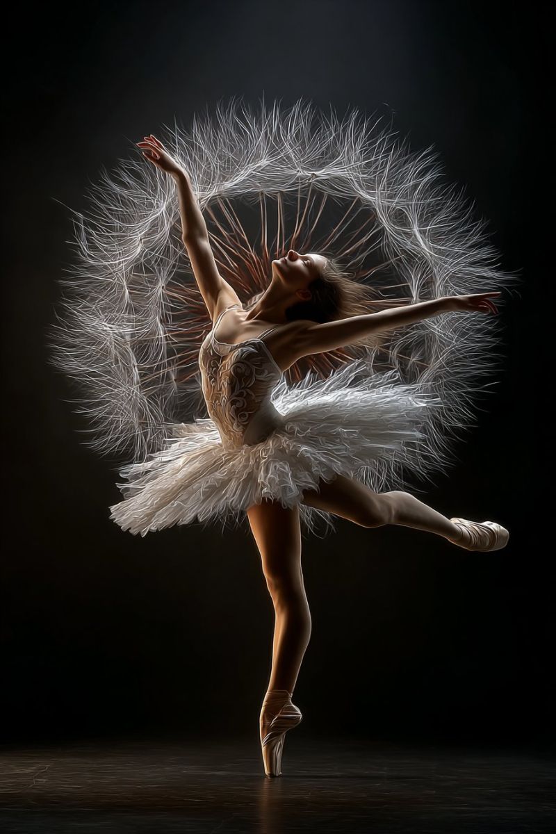 Ballet danseur performance grace expression beaute elegance creativite inspiration fantaisie imagination ombre liberte Une ballerine exécute une pose de ballet gracieuse sur une scène. Elle est vêtue d'un tutu blanc et d'un corsage assorti orné de motifs complexes. Ses bras sont étendus vers l'extérieur et sa tête est inclinée vers l'arrière, créant un sentiment d'élégance et de prestance. L'arrière-plan est sombre et la seule source de lumière est concentrée sur la ballerine, mettant en valeur sa forme et les délicates plumes d'un pissenlit qui semblent flotter autour d'elle. L'image capture l'essence du ballet et la beauté de la nature combinées.