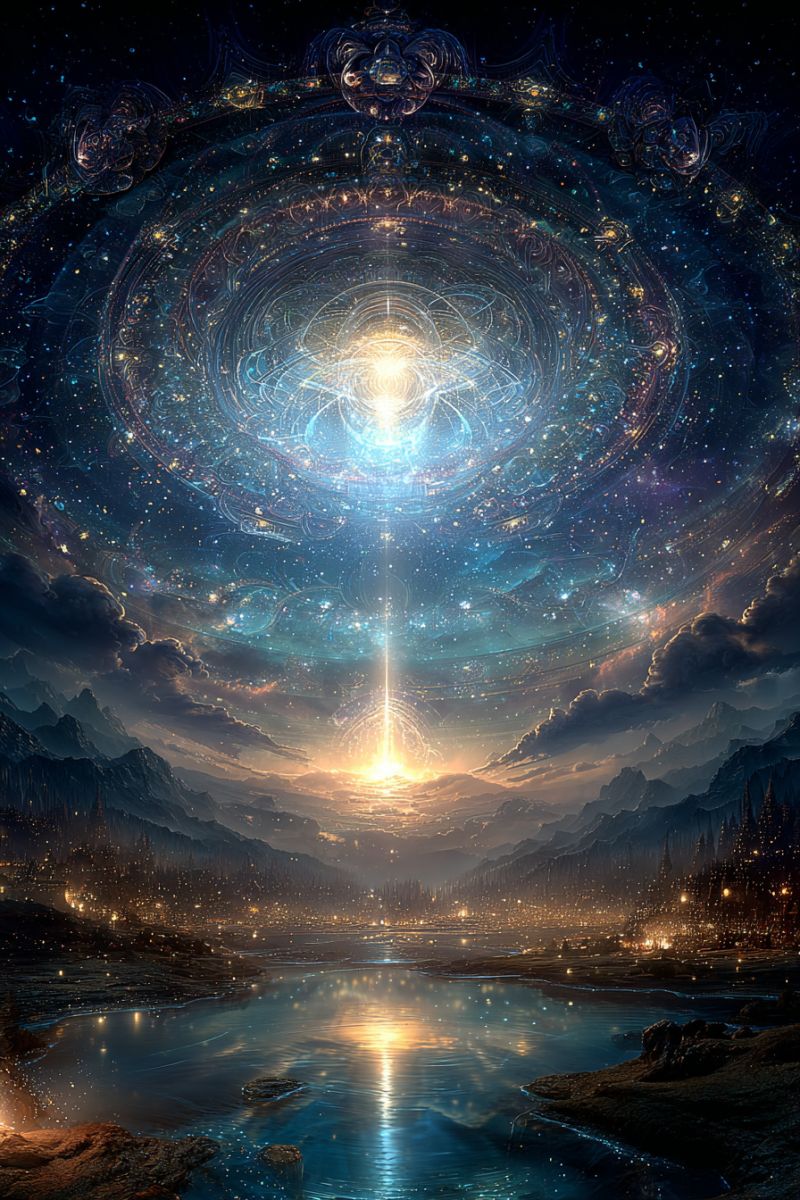 Etoiles nuages montagnes lac eau reflet ciel univers cosmos espace galaxie astronomie celeste nuit obscurite nature Un ciel nocturne surréaliste et mystique rempli de motifs complexes et lumineux ainsi que de corps célestes. Au centre, une source de lumière radieuse émet une lueur dorée brillante, entourée de motifs concentriques tourbillonnants qui ressemblent à une galaxie ou à un mandala. Le ciel est d'un bleu profond et sombre, parsemé d'étoiles et de globes lumineux qui ajoutent à l'atmosphère mystique. Sous les motifs célestes, un paysage serein se déploie avec des montagnes, une rivière et un petit village. La rivière reflète la lumière céleste, créant un effet scintillant à la surface de l'eau. Le village est illuminé par des lumières douces et chaudes, suggérant un cadre paisible et tranquille. La scène globale évoque un sentiment d'émerveillement et d'admiration, mêlant des éléments de fantaisie et de spiritualité.